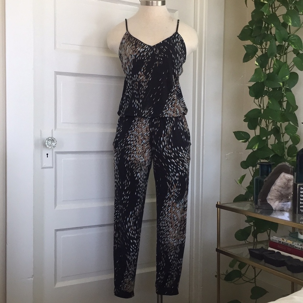 Veronica M. Black with blue/beige pattern romper